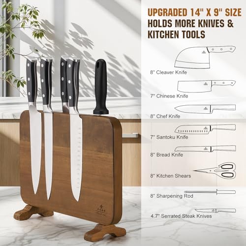 Enoking Magnetic Double-Sided Knife Block with Rotatable Stable Base, Acacia Wood Knife Holder for Countertop, Strong Magnets Safe Knife Organizer Stand, Easy to Clean Knife Storage for Home Kitchen