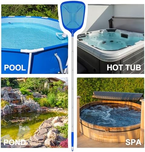 Pool Skimmer Net with Telescopic Pole – Fine Mesh for Leaves, Dust, Debris – Lightweight Safe-Edge Extendable 2.6–5.7 ft Aluminum Handle for Pools, Spas, Hot Tubs, Ponds & Garden Water