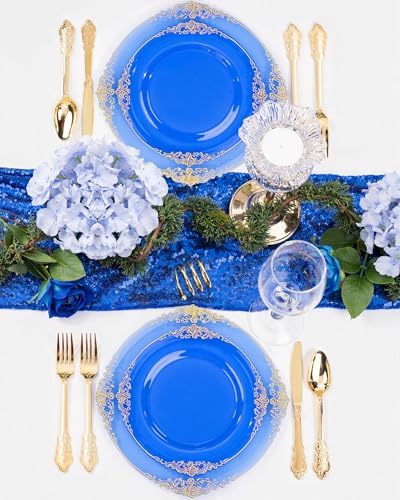 Nervure 350Pcs Blue Plastic Plates, Plastic Dinnerware Set for 50 Guests