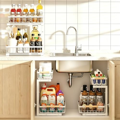 REALINN Under Sink Organizer, Height Adjustable Under Sink Organizers and Storage, 2 Tier Pull Out Drawer Cabinet Storage for Kitchen Bathroom, 1 Pack, White