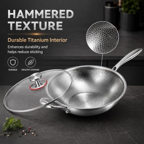 Toutrop Titanium Wok with Lid,Titanium Pan for Cooking,13 Inch Non Stick Wok Pan,No Coating Titanium Frying Pans,PFAS/PFOA/PTFE Free Cookware,Induction