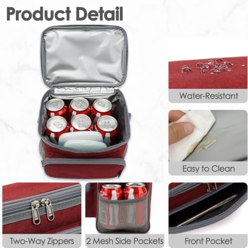 FlowFly Insulated Reusable Lunch Bag Adult Large Lunch Box for Women and Men with Adjustable Shoulder Strap,Front Zipper Pocket and Dual Large Mesh Side Pockets,Red