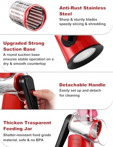 Geedel Rotary Cheese Grater Vegetable Shredder With 6 Interchangeable Blades No Slip Suction Base, Mandoline Slicer & Food Chopper for Cheese, Ice, Nuts, Vegetables, Veggie