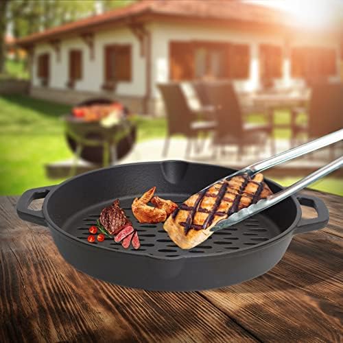 12" Round Cast Iron Grill Basket with Dual Handles – For Veggies/Fish/Meat