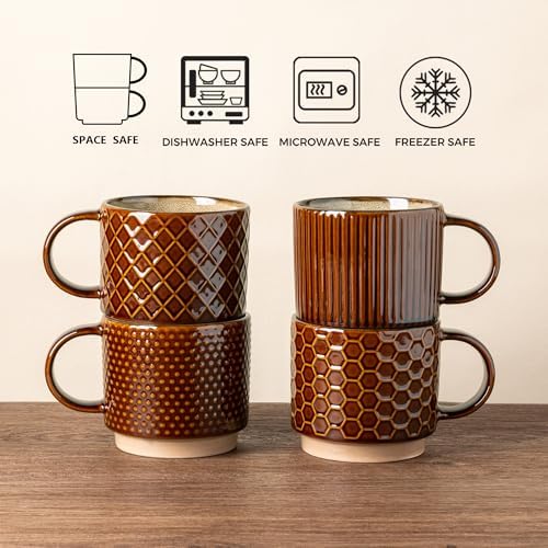 GBhome 12 OZ Stackable Coffee Mugs Set of 4, Ceramic Coffee Cups Set