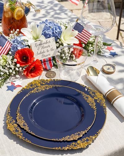 Nervure 350Pcs Blue Plastic Plates, Disposable Dinnerware Set for 50 Guests