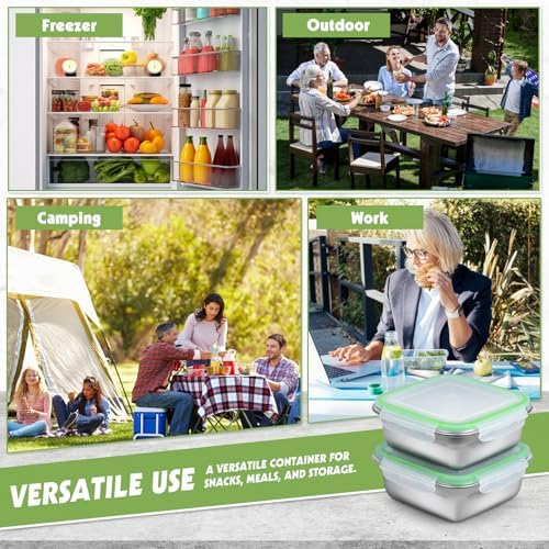 2 Pack Sandwich Containers, 24oz Stainless Steel Sandwich Box with Airtight Lids, Reusable Metal Meal Prep Lunch Boxes, BPA-Free, Dishwasher Safe, Food Storage Containers for Families (Green)