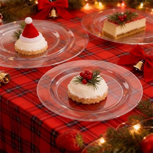 FLOWERCAT 100PCS Clear Plastic Plates - Heavy Duty Clear Disposable Plates for Fall Party/Wedding/Christmas - Include 10inch & 7inch Dinner/Dessert Plates for 50guests