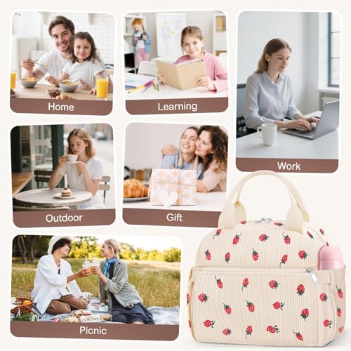 KUBYA Lunch Box for Women, Cute Strawberry Corduroy Insulated Lunch Bag Women Reusable Work Leakproof Simple Adults Large Lunch Boxes Tote Bag Men Cooler Bag