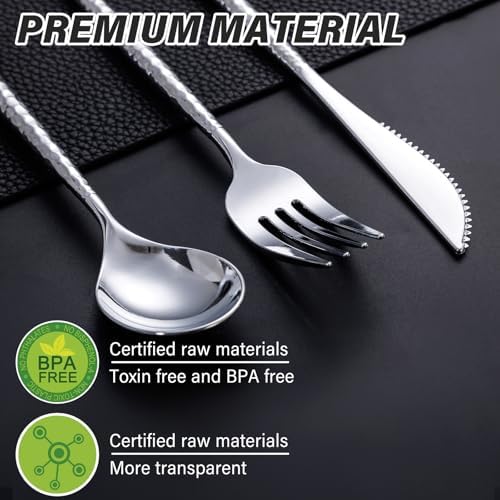 SUT 300PCS Silver Plastic Silverware, Disposable Utensils, plastic cutlery Set Includes 100 Knives, Forks and Spoons, Disposable Silverware for Party, Hammered Silverware Set