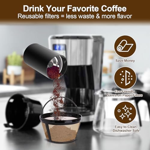 Reusable Coffee Filters 8-12 Cup Compatible with Black Decker Mr Coffee & Most Standard 8-12 Cup Basket-Style Coffee Makers - Permanent Gold Tone Stainless Steel Mesh Coffee Filter Replaces Paper