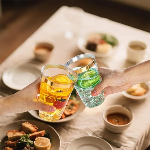 I00000 100 Pack 18 oz Gold Plastic Cups, Elegant Gold Rimmed Plastic Cups, Disposable Cocktail Glasses Wine Glasses, 18 oz Premium Tumblers Perfect for Birthday, Party & Wedding