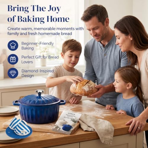 HITROCK Enameled Cast Iron Dutch Oven with Lid, 4.9 Quarts, Blue, Diamond-Inspired Design, Oven Safe up to 500°F, for Bread Baking, Braising, Stews, Roasting, Includes Complete Sourdough Bread Baking Supplies, Bread Making Tools Kit