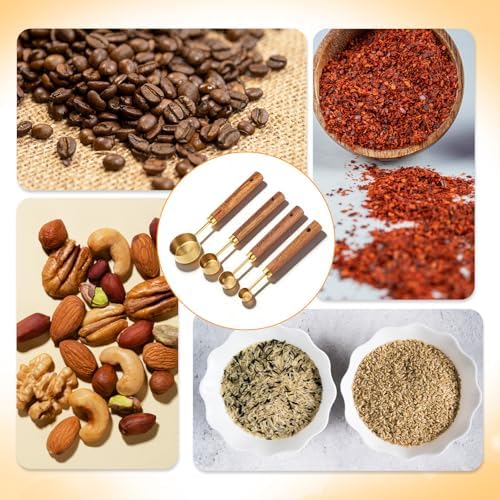 Gold Measuring Spoons Set of 4, Stainless Steel Coffee Measuring Scoop with Wooden Handles Teaspoon Measuring Cups for Coffee Tea Spices Cooking Baking