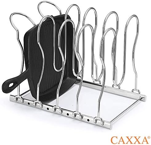 CAXXA Heavy Duty Pan Rack, Pot Lid Rack, Kitchen Cabinet Pantry Cookware Organizer Rack Holder with 5 Adjustable Dividers, Chrome (Pack of 2)