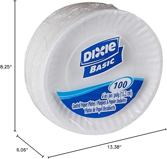 Dixie Basic 6" Light-Weight Paper Plates by GP PRO (Georgia-Pacific), White, DBP06W, 1,200 Count (100 Plates Per Pack, 12 Packs Per Case)