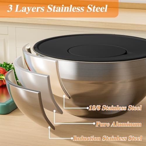 Mixing Bowls with Lids Set, 6 PCS Stainless Steel Mixing Bowls with 3 Grater Attachments, Kitchen Food Storage Organizers Nesting Mixing Bowl, Large Size 4.5, 3.5, 2.1, 1.5, 1.1, 0.7QT-Black