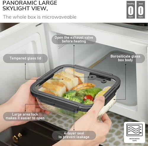 5-Pack Borosilicate Glass Containers with Tempered Glass Lids, 35.2oz/4.4 Cup Airtight Meal Prep Set, Microwave/Freezer Safe (Gray)