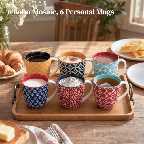 DOWAN 16 OZ Boho-Mosaic Coffee Mugs Set of 6, Large Ceramic Coffee Mugs with Handle, Bohemian Home Decor Gift Set for Housewarming, Wedding & Birthday