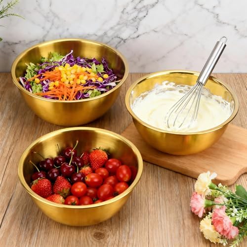 3-Piece Stainless Steel Golden Mixing Bowls (2.2Qt) Metal Bowl Set with Measurement Marks, Dishwasher Safe & Stackable - Perfect for Baking, Salad Making, Meal Prep
