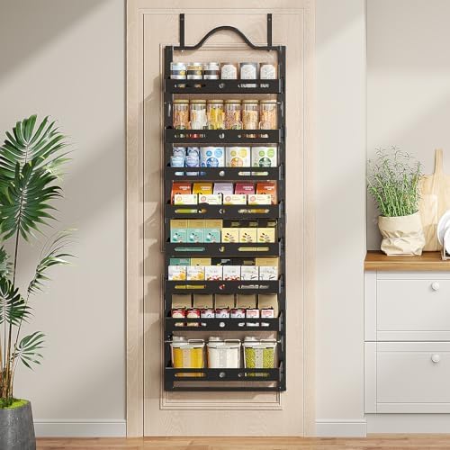 8-Tier Pantry Door Organizer, Large 2 IN 1 Wall Mount or Over The Door Pantry Organizer, Pantry Door Spice Rack with Adjustable Baskets, Over Door Organizer for Kitchen,(72.6×17.1×5.1in,Black)