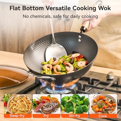 WANGYUANJI Carbon Steel Wok Pan, 12.6 Inch Flat Bottom Stir Fry Pan with Lid, Uncoated Heavy Duty Iron Wok for Induction and Gas Stoves