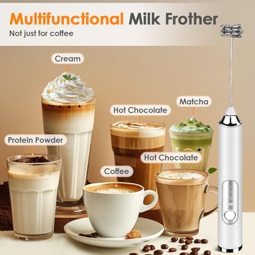 Milk Frother Handheld, Rechargeable Coffee Frother Wand, Drink Mixer, White