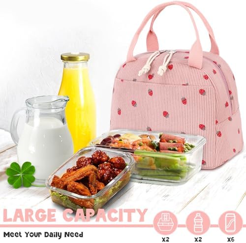 Bluboon Lunch Bag for Women Men Cute Corduroy Lunch Tote Bags Reusable Insulated Lunch Box Large Capacity Reusable Insulated Cooler for Work Picnic or Travel (Corduroy strawberry pink)
