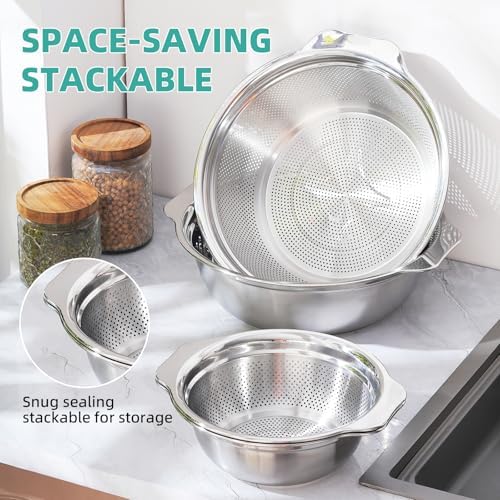 Stainless Steel Colander for Kitchen 2-Quart, Strainer Microporous with Mixing Bowl, Rice Strainer for Washing Vegetables, Fruit and Draining Cooked Pasta, Dishwasher Safe