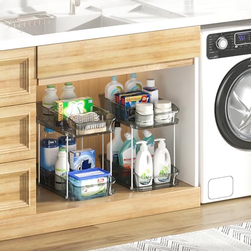 Delamu 2-Tier Under Sink Organizers and Storage, Multi-Purpose Stackable Bathroom Cabinet organizers, Pull Out Kitchen Pantry Organization and Storage with Dividers(2 Pack, Grey)
