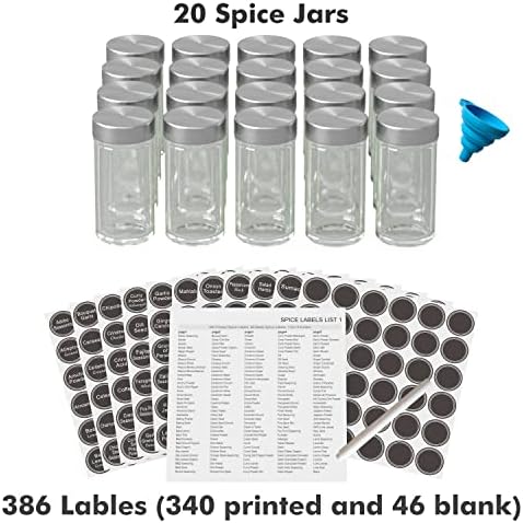 New England Stories Revolving Spice Rack Set with 20 Spice Jars, Kitchen Spice Tower Organizer for Countertop or Cabinet - Carousel Storage Includes 386 Spice Labels (Gold)