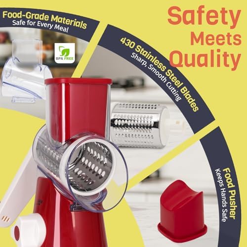 Cheese Grater Hand Crank, Rotary Cheese Shredder with 3 Interchangeable Blades for Coarse, Fine Shredding and Slicing, Strong Suction Base for Pizza, Pasta, Salad, Vegetables, Nuts, Chocolate