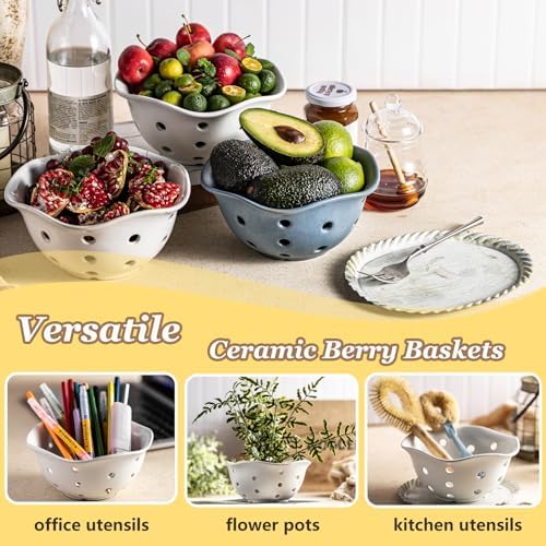 Gomakren Fruit Basket Set of 2, Berry Bowls with Holes Ceramic, Cream White
