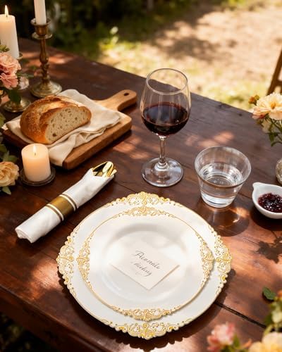 Nervure 350Pcs Ivory Plastic Plates, Plastic Dinnerware Set for 50 Guests
