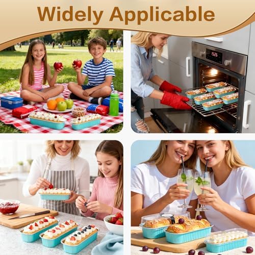 Mini Cake Pans with Lids and Spoons 200 Pack, Mini Loaf Pans with lids 6.8oz, Small Disposable Aluminum Foil Loaf Pans, Rectangular Baking Container for Party, Picnics and Housewarming (Blue)