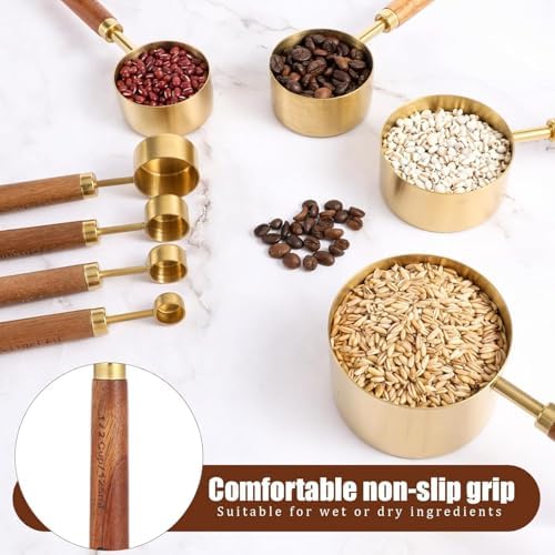 Gold Measuring Cups and Spoons Set Stainless Steel Wood Handle US Metric