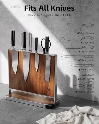 RAVS Magnetic Knife Holder for Countertop, Double-Sided Acacia Wood Magnetic Knife Block with Stainless Steel Frame, Freestanding Knife Storage Rack with Knife Sharpener, Magnetic Knife Holder Stand