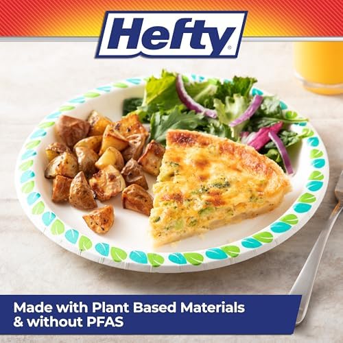 Hefty Compostable Paper Plates, 8.6 Inches, 30 Count, Patterned Disposable Plates for BBQs, Parties, Holidays, Potlucks, and Everyday, Soak-Resistant, Made with Plant-Based Materials, Microwave Safe