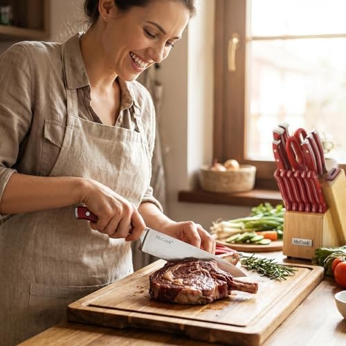 McCook Knife Set Red Kitchen Knife Block Set w Built-in Sharpener