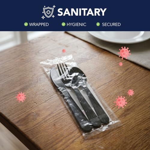 Party Essentials Individually Wrapped Plastic Cutlery Packets/Heavy Duty Silverware Kits, Fork/Spoon/Knife/Napkin/Salt/Pepper, 50 Utensils Sets, Black