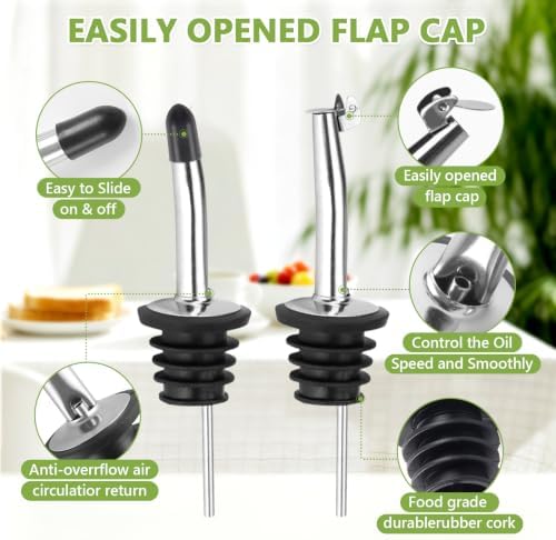 Leaflai Olive Oil Dispenser Bottle, 2 Pcs Glass Olive Oil Dispenser and Vinegar Dispenser Set with 2 Stainless Steel Pourers, 4 Labels,1 Brush and 1 Funnel Oil Bottles for Kitchen (500ml)