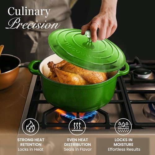 Cast Iron Dutch Oven with Lid-Non-Stick Ovenproof Enamelled Casserole Pot - Sturdy Dutch Oven Cookware - Green, 7.3- Quart, 30cm- by Nuovva