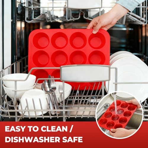 Silicone Muffin Pan for Baking: 12 Cup Muffin Pan with Metal Reinforced Frame, Regular Size Cupcake Egg Bites Molds for Baking, BPA Free Silicone Muffin Tray, Dishwasher Safe (1 Pack, Red)