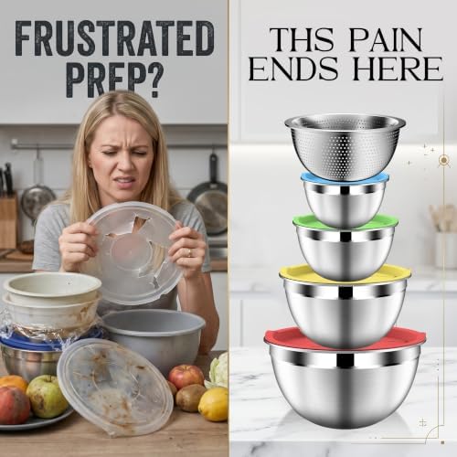 DUTZUN Colorful Mixing Bowls with Strainer, Mixing Bowl with Lids Set, Stainless Steel Mixing Bowls, Kitchen Gadgets Salad Bowls with Strainer for Mixing & Preping & Serving