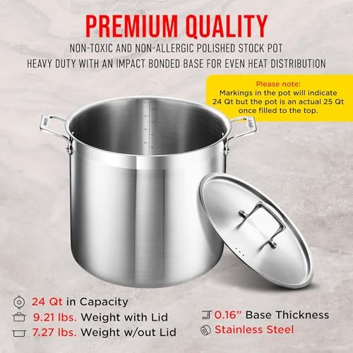 Stainless Steel Stockpot with Lid 24 Quart, Durable 18/8 Stainless Steel, Impact-Bonded Base for Even Heating, Riveted Handles, Oven & All Stove Compatible, Safe Up To 500°F (260°C)