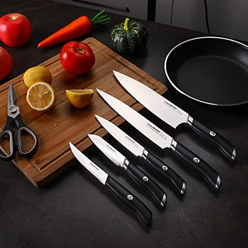HAUSHOF 15-Piece Kitchen Knife Set with Block, 6 Knives & 6 Steak Knives