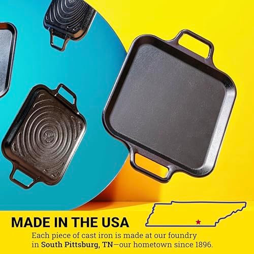 Lodge BOLD Pre-Seasoned Cast Iron Square Griddle, Loop Handles, 12 Inches