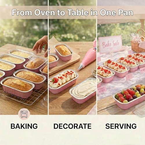 YQER 100 Pack Mini Loaf Pans with Lids and Spoons, 6.8oz Disposable Aluminum Foil Mini Cake Pans and Baking Tins with Sealing Stickers, Individual Pink Dessert Containers for Parties and Gifts