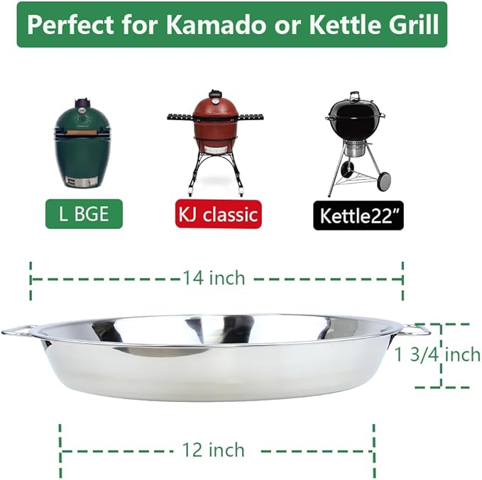 Drip Pan for Big Green Egg Large-Big Green Egg Accessories Replacement Parts Stainless Steel Roasting Pan, Also Fit Weber Kettle Charcoal Grills Kamado, 14 inch