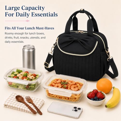 Bluboon Lunch Box for Women Cute Lunch Bag Reusable Insulated Lunch Bags Large Capacity Lunchbox Cooler for Work Picnic or Travel Gifts (Large Bow Solid Black, 10 x 7.5 x 8 inches)
